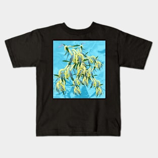 Beautiful Australian Wattle blooms against a textured blue background Kids T-Shirt